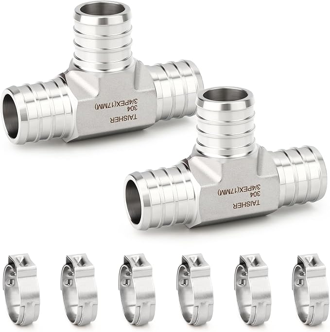 TAISHER 1PCS 304 Stainless Steel Tee Pex Fittings, 3/4" Pex Fitting With 3PCS Hose Clamp For Pex Tubing Pipe