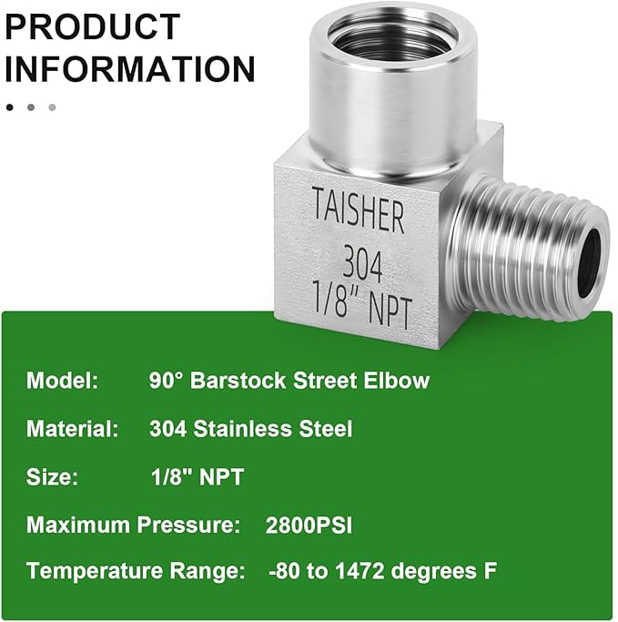 TAISHER 2PCS 304 Stainless Steel Square 90 Degree Barstock Street Elbow, 1/8 Inch NPT Male Pipe to 1/8 Inch NPT Female 304 Stainless Pipe Fitting