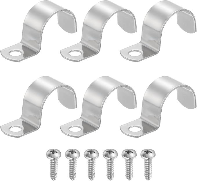 uxcell 6Pcs 27mm(1-1/16") One Hole Rigid Pipe Strap, 304 Stainless Steel Conduit Clamp Thicken U Bracket Heavy Duty Pipe Clamp with Self-Tapping Screws for Fixing Tube Cable, Silver