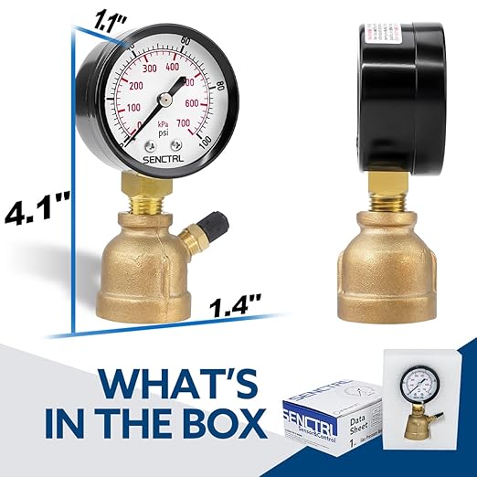 SENCTRL 0-100 Psi Gas Pressure Test Gauge, 2" Dial Size, 3/4" FNPT Connection, Brass Valve, Forged Brass Bell Shape Body Assembly