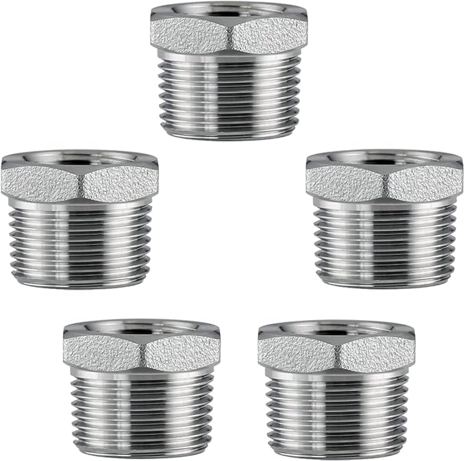 Stainless Steel 1/2" Male NPT to 3/8" Female NPT Reducer Hex Bushing Pipe Fitting Adapter (pack of 5)