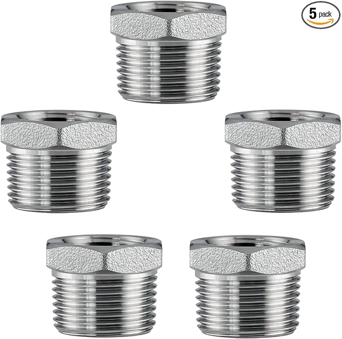 Stainless Steel 1/4" Male NPT to 1/8" Female NPT Reducer Hex Bushing Pipe Fitting Adapter (pack of 5)