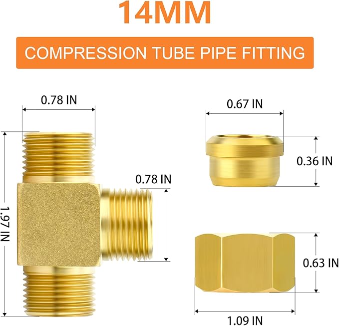 GASHER 2PCS Brass Compression Tube Pipe Fitting Connector, Tee，14mm x 14mm x 14mm Tube OD Connector