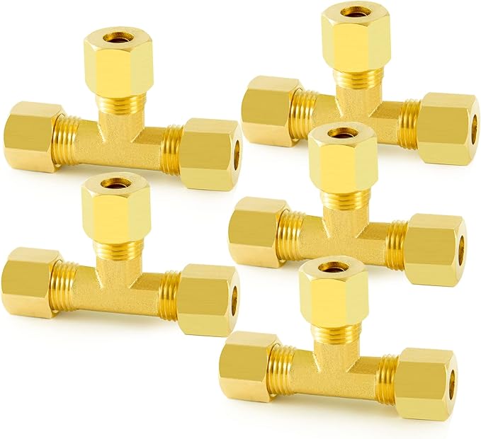 ChillWaves Brass Tee Compression Tube Fitting, 3/8" OD x 3/8" OD x 3/8" OD Compression Union Connector(5-PACK)