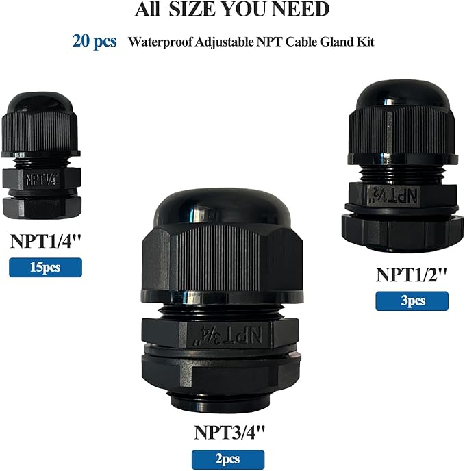 20Pcs Black Cable Glands Adjustable NPT Waterproof Glands 1/2"1/4"3/4" Cord Grip Strain Relief Wire Plastic Cable Connectors NPT Waterproof Grommet Wire Gland Electrical Conduit Fittings Bulkhead