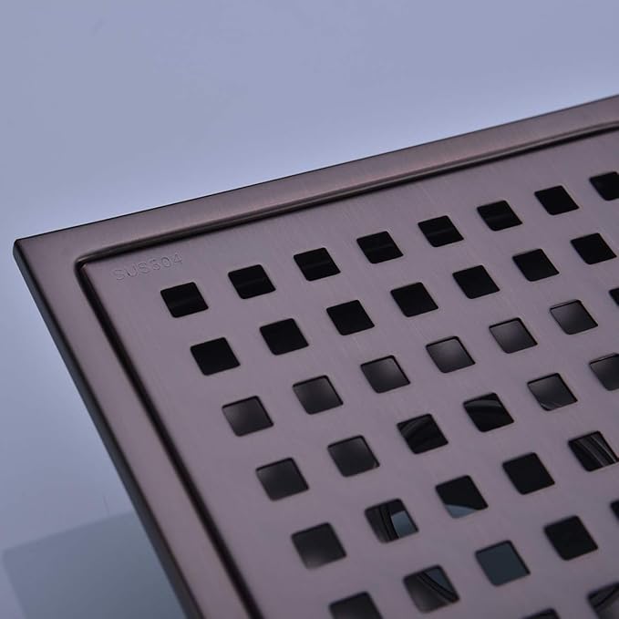 Square Shower Floor Drain with Removable Cover Grid Grate 6 inch Long, SUS 304 Stainless Steel Brushed Bronze Finished