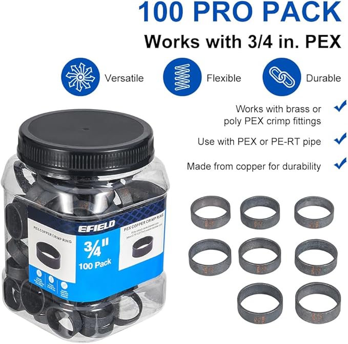 100-Pack in Bottle EFIELD 3/4" Pex Copper Crimp Rings For Pex Pipe Connection,Black-Oxidized Surface Treatment,(CLAMP025)