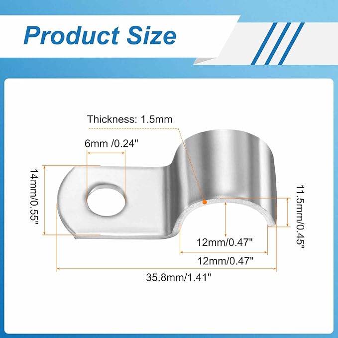 HARFINGTON 1/2 Inch Pipe Strap, 304 Stainless Steel Conduit Clip 10Pcs Single Hole Strap Clamp for Pipe Tube Cable Fixing (12mm, Silver)