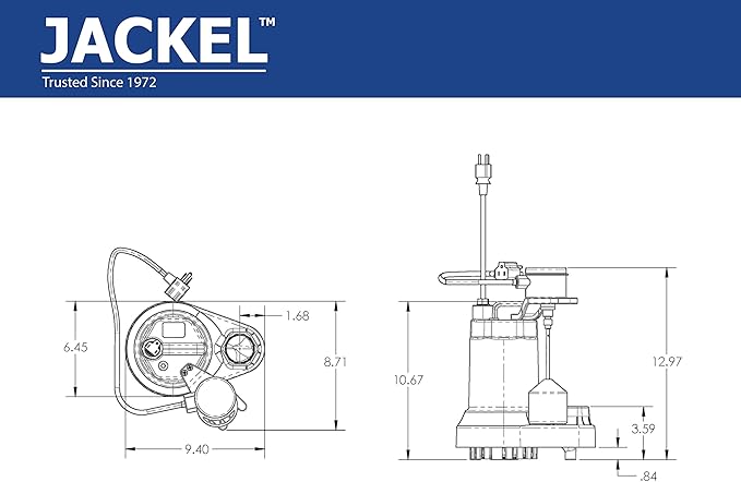 JACKEL 1/2 HP CAST IRON SUBMERSIBLE SUMP PUMP - VERTICAL SWITCH - 10FT PIGGYBACK POWER CORD - CHECK VALVE INCLUDED
