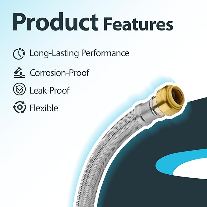 (50 Pack) Seelink 12-Inch Stainless Steel Flexible Water Heater Hose, 1/2" Push-Fit x 3/4" FIP, Push-to-Connect for Copper, PEX, and CPVC