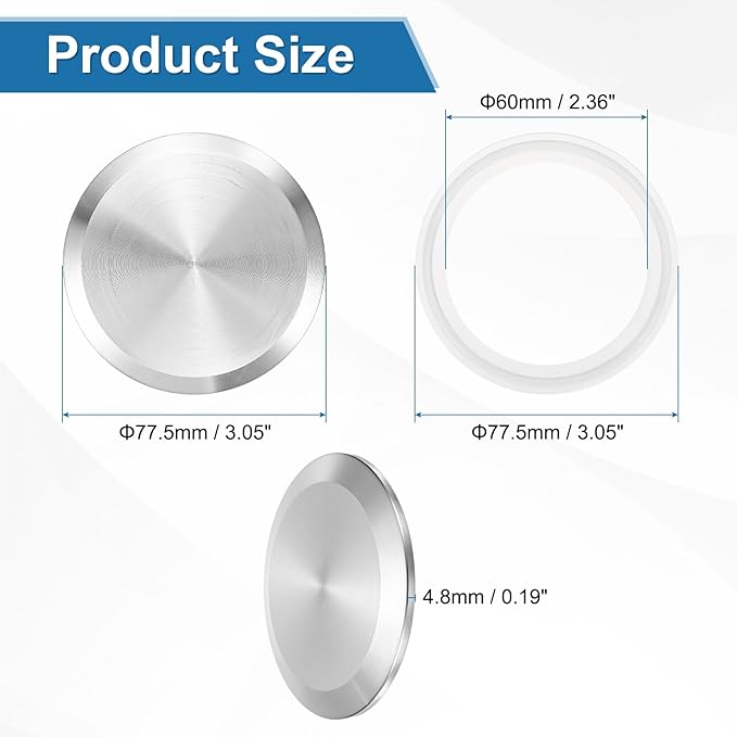 uxcell Stainless Steel Sanitary Fitting Clamp End Cap 3" (77.5mm) Solid Tube End Cap with Silicone Gasket for Food Beverage Cosmetics Factory Pipes