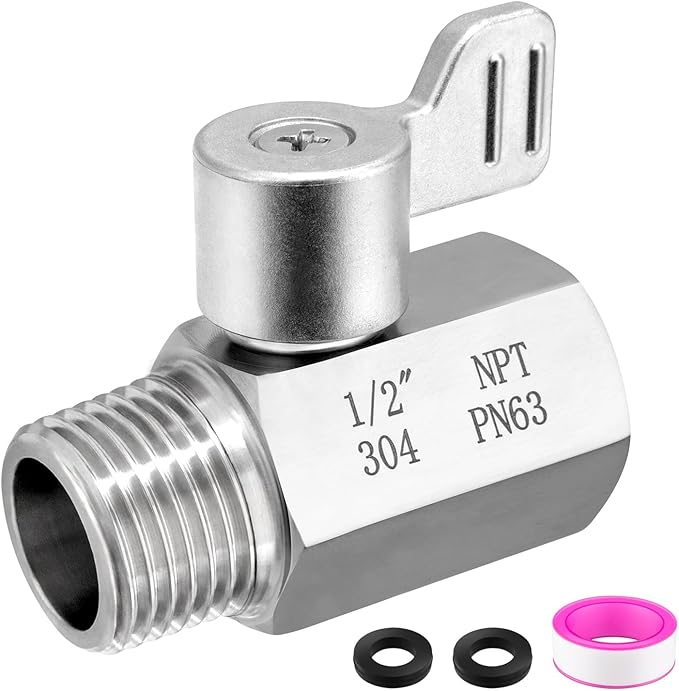 Shower Head Shut Off Valve 304 Stainless Steel Mini Ball Valve(1/2" Female X Male) NPT Thread Water Flow Control，RV Shower Head with Hose Flow Restrictor
