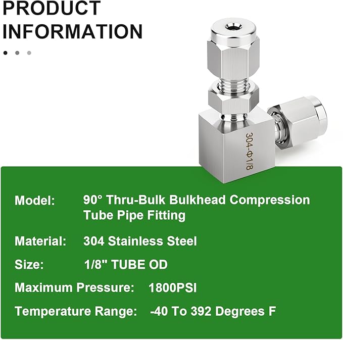 TAISHER 1PCS 304 Stainless Steel 90 Degree Thru-Bulk Bulkhead Compression Tube Pipe Fitting Connector, 1/8" Tube OD x 1/8" Tube OD Straight Adapter