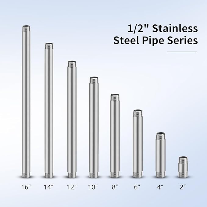 1/2"x8" 304 Stainless Steel Pipe, 1/2" NPTx 1/2" NPT Male Threaded Nipple, SCH40 Heavy Duty Pre-Cut Steel Pipe for Plumbing Gas, Hydraulic, and Industrial Applications(8", 6 Piece)