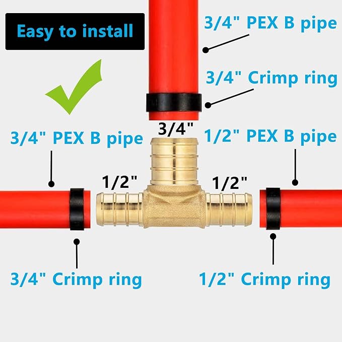 10 Pack Brass PEX Reducing Tee, 1/2" to 3/4" PEX F1807 Tee Fitting