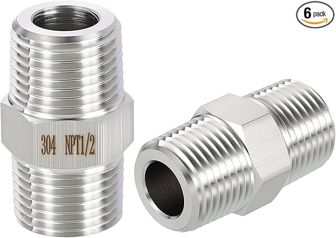 6 Pack 304 Stainless Steel Male to Male Adapter, 1/2" Male NPT x 1/2" Male NPT Hex Nipple Pipe Extension Fitting for Industrial, Automotive, Fluid Transfer, Home Gardening, Water