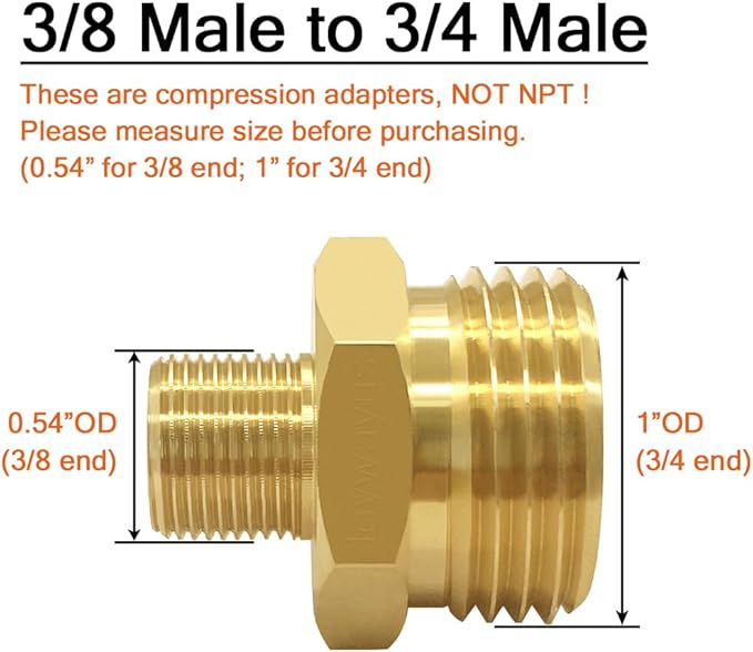 Joywayus 2PCS 3/4 GHT Male to 3/8 Compression Male Thread Adapter Pipe Fitting, Brass Reducer Faucet Connector Water Hose Adapter, Supply Line to Garden Hose Adapter for RV Kitchen Bathroom Plumbing