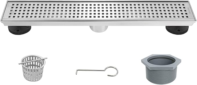 Neodrain 18-Inch Brushed Linear Shower Drain with Removable Quadrato Pattern Cover, 304 Stainless Steel Rectangle Shower Floor Drains, Bathroom Linear Drain &Hair Strainer(Brushed Nickel)