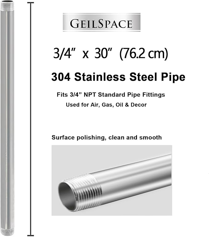 GeilSpace 3/4" x 30" Stainless Steel Pipe, 304 Pipe Nipple Fits Standard 3/4 Inch Threaded Pipes and Fittings, DIY Industrial Metal tube (2 PCS)