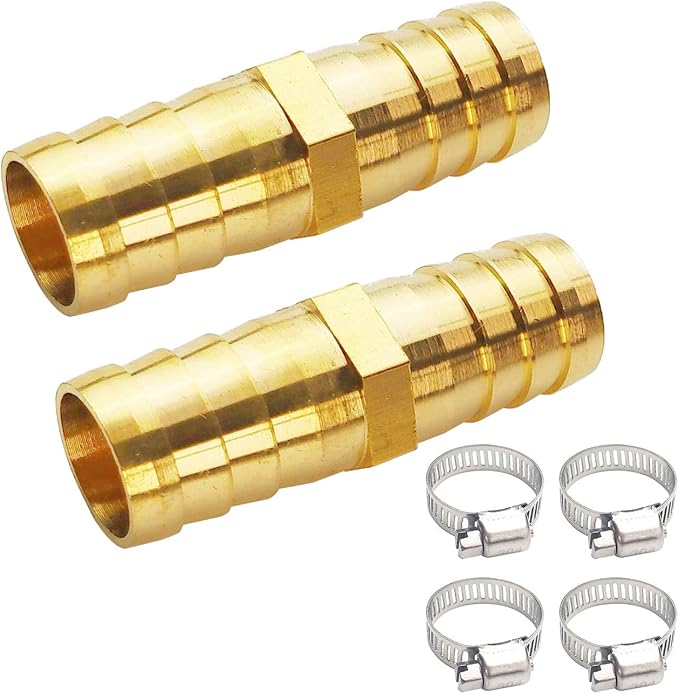 2PCs 5/8" Brass Hose Barb Fitting Straight Shape Barbed Splicer Mender Union Fitting with 4PCs Hose Clamp for Oil Water Air