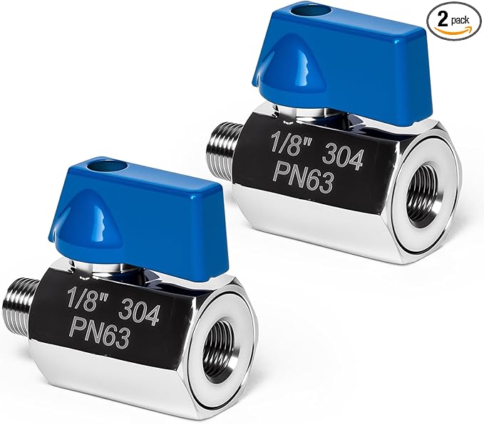2 Pack 1/8" Mini Ball Valve, 304 Stainless Steel Valve NPT Female x Male Thread Shut-Off Valves for Small Compact Space (2, 1/8 Inch)