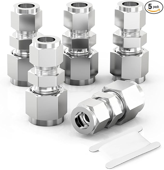 TAISHER 5PCS 304 Stainless Steel Compression Tube Pipe Fitting Connector, 3/8" Tube OD x 1/4" Tube OD Straight Adapter