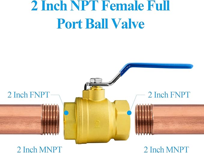 WiseWater 2" NPT Full Port Brass Ball Valve, with 1/4 Turn Blue Handle, 600 WOG, Plumbing Fitting, UPC Certified, 1 Pc