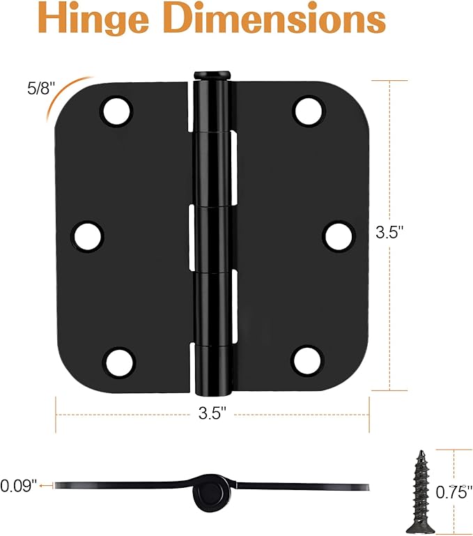 Probrico Interior Door Hinges Black, 3.5 X 3.5 Inch Door Hinges Rounded 5/8" Radius Corners, Black Hinges for Door Hardware, 3 Pack