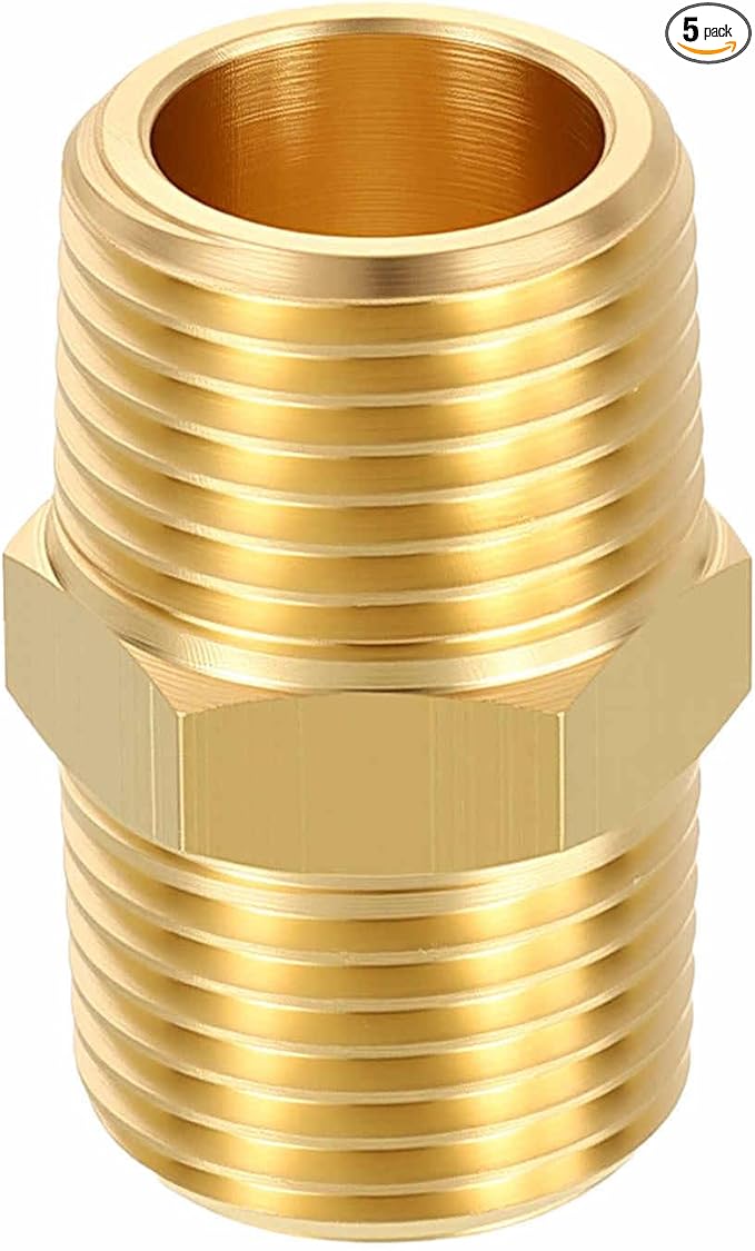 5 Pack Brass Pipe Fittings, 3/8" NPT Male to 3/8" NPT Male Brass Hex Nipple, Male Pipe Adapter Reducer for Air, Oil, LP