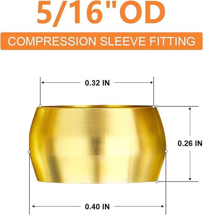 GASHER 100PCS Brass Compression Fitting, Brass Compression Sleeve Ferrules 5/16" Tube OD