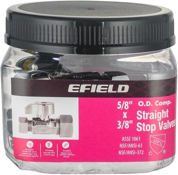 Pro 4-Pack EFIELD Straight Stop Valve 1/2" Nominal (5/8" OD) Compression x 3/8" OD, 1/4-Turn, Heavy Duty, Chrome Plated LF Brass,(VALVE372)