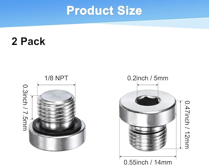 2-Pack Inner Hex Head Pipe Fitting Plug, 1/8 NPT 304 Stainless Steel Socket Bung Plug with Sealing Ring for Terminate Pipe Ends/Replacement Drains