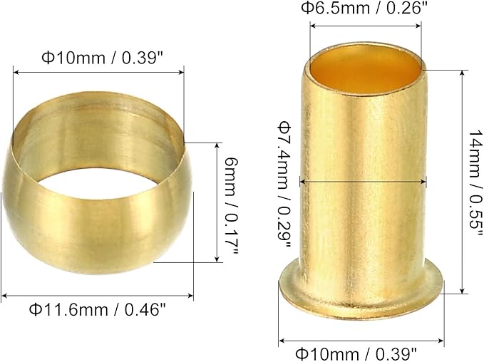 PATIKIL 10mm Tube OD Brass Compression Sleeves Ferrules, 60 Pack Brass Ferrule Fitting and Hose Insert Support Assortment Kit for Air Water Gas Pipe