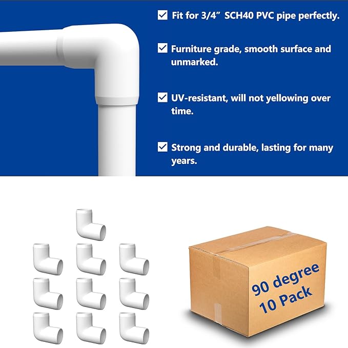 ‌letsFix 90 Degree PVC Fittings 3/4 Inch (10-Pack), Furniture-Grade, Heavy-Duty Pipe Connectors for Plumbing, DIY Projects, and Home Furniture Assembly, Compatible with 3/4" Schedule 40 PVC Pipes‌