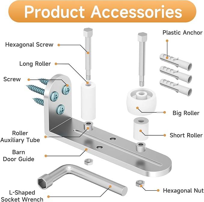 Sliding Barn Door Floor Guide, Adjustable Rollers Barn Door Hardware, Barn Door Rollers, Flush Flat Bottom Design, Rounded Edge Design (White Silver)