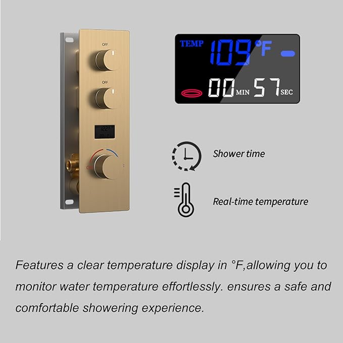 Concealed Mount Brass Shower Valve, Digital Temperature Display, Flow Control Mixing Valve, 2 Function, Brushed Gold