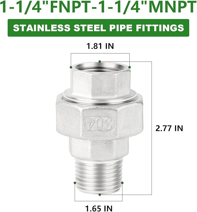 TAISHER 2PCS 304 Stainless Steel Union，1-1/4" NPT Male x 1-1/4" NPT Female Cast Pipe Fitting