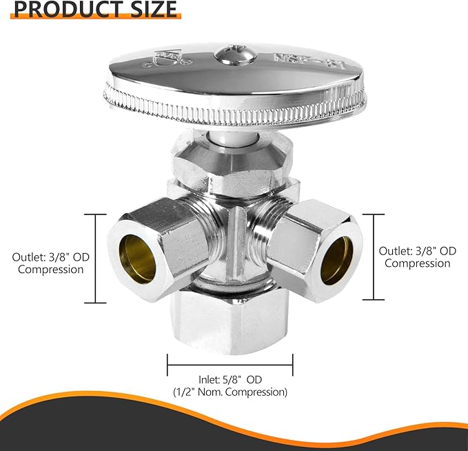 HeSun 5-PCs Pex Angle Stop Valve, 1/2" Nominal (5/8"OD) x 3/8" OD Comp, 3-Way Multi Turn Compression Angle Stop, PEX Chrome Plated Brass