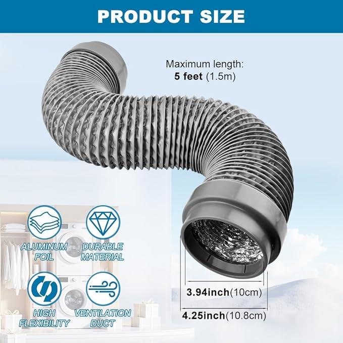 4 Inch Dryer Vent Hose, 90 Degree Dryer Vent Elbow Connector Kit with 6-Layer Flexible Aluminum Duct, for Tight Spaces, Easy-Install Dryers Vents Kit