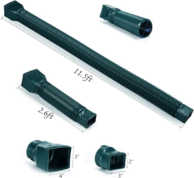 11.5ft Long Gutter Downspout Extensions Flexible, Drain Downspout Extender, Down Spout Drain Extender, Gutter Connector Rainwater Drainage, Extendable from 2.6ft to 11.5ft(2Pack, Green)