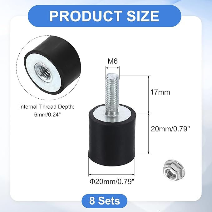 uxcell M6 Rubber Mounts, 8Pcs 20x20mm(DxH) Rubber Cylindrical Anti Vibration Isolator Shock Absorber with Lock Nut for Car Bobbin Generator Air Compressors