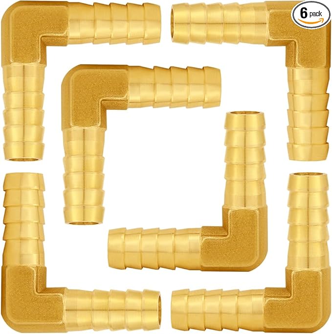 6PCS Solid Brass 3/8"OD Barb Elbow Fittings 2-Way 90 Degree L Right Angle Barbed Fitting for Water/Oil/Gas