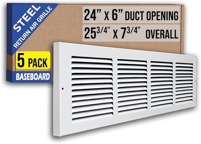 [5 Pack] Fits 24x6 Duct Opening | Steel Baseboard Return Air Grille by Handua | Vent Cover Grill | 7/8" Margin Turnback [Depth] to Fit Baseboard | White | Out. Dim.: 25.75"W X 7.75 "H