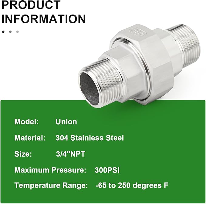 TAISHER 1PCS 304 Stainless Steel Union，3/4" NPT Male x 3/4" NPT Male Cast Pipe Fitting
