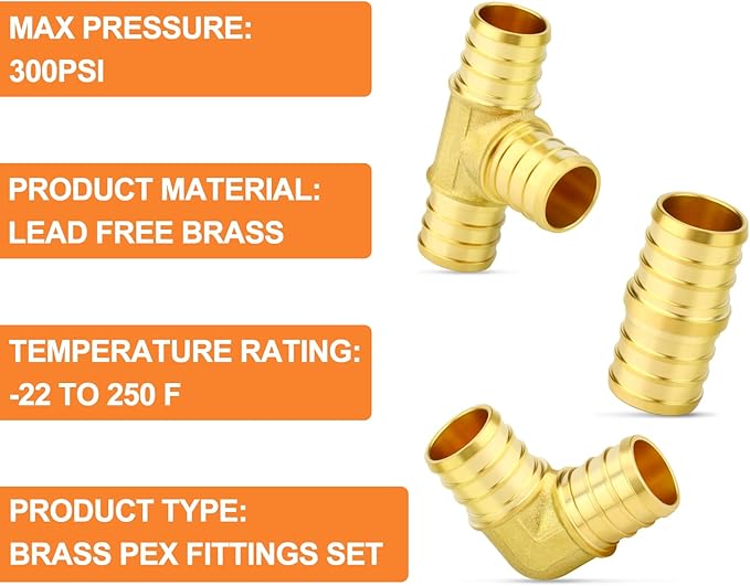 GASHER 18Pcs No Lead Brass Pex Fittings Set 1/2",3/4",1" PEX Elbow, Tee and Coupling for Pex Tubing