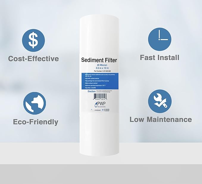 Sediment Water Filtration System with Clear 2.5X 10" Housing 3/4 "Ports, Removes Dirt, Sand, Silt and Rust