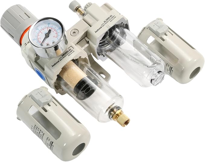 3/8" NPT Compressed Air Filter Regulator Lubricator Combo, Water/Oil Trap Separator with Pressure Gauge（0-150 PSI）, 5 Micron Brass Element, Manual Drain, Metal Bracket，3 in 1 FRL