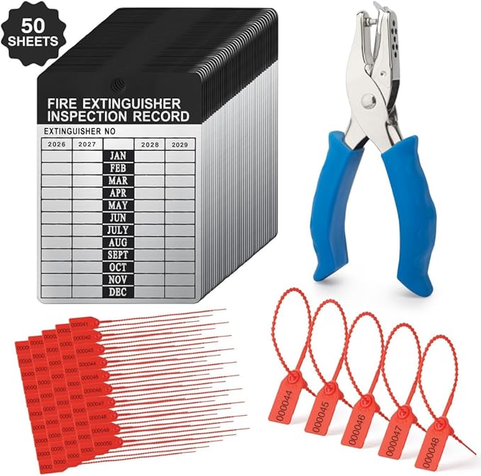 50 Sets 2026–2029 Fire Extinguisher Tags Aluminum Metal Inspection Record Tags 2.2 x 3 Inch with Hole Puncher & Numbered Security Zip Ties for Monthly Fire Extinguisher Inspection Indoor Outdoor