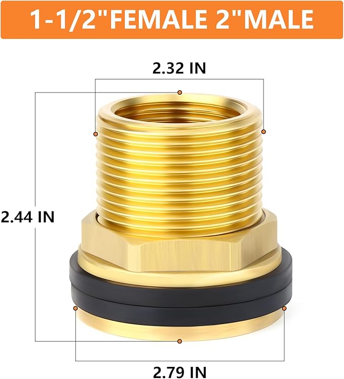 GASHER 1PCS Brass 1-1/2" Female 2" Male Bulkhead Tank Connector Adapter Fitting with Rubber Ring