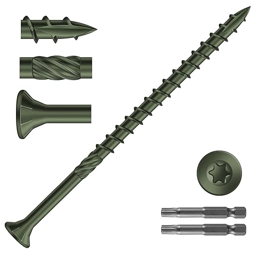 #10 x 3-1/2" Deck Screws (460Pcs) 8lb. Carbon Steel, Green, Flat Head, Rust Resistant epoxy Coated, with T25 Star Bit